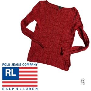 🔥 Ralph Lauren Long Sleeve Red Cable Knit Cotton Boat Neck Sweater, Large 😍